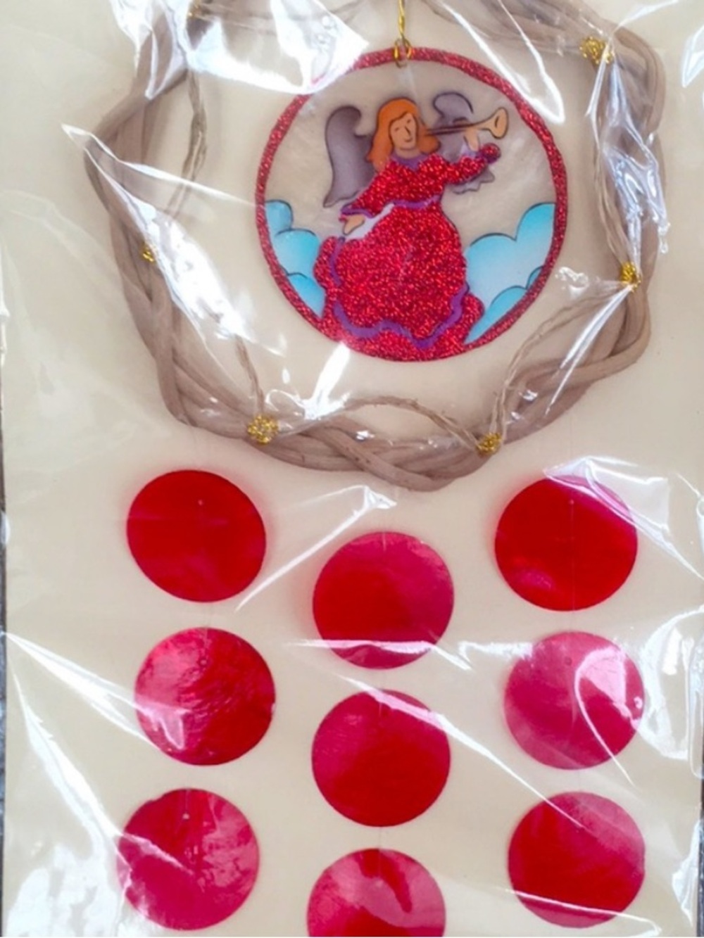 Nordlys Canada Capiz Shell Angel Wreath Ornament Wind Chime Red Glitter NWT